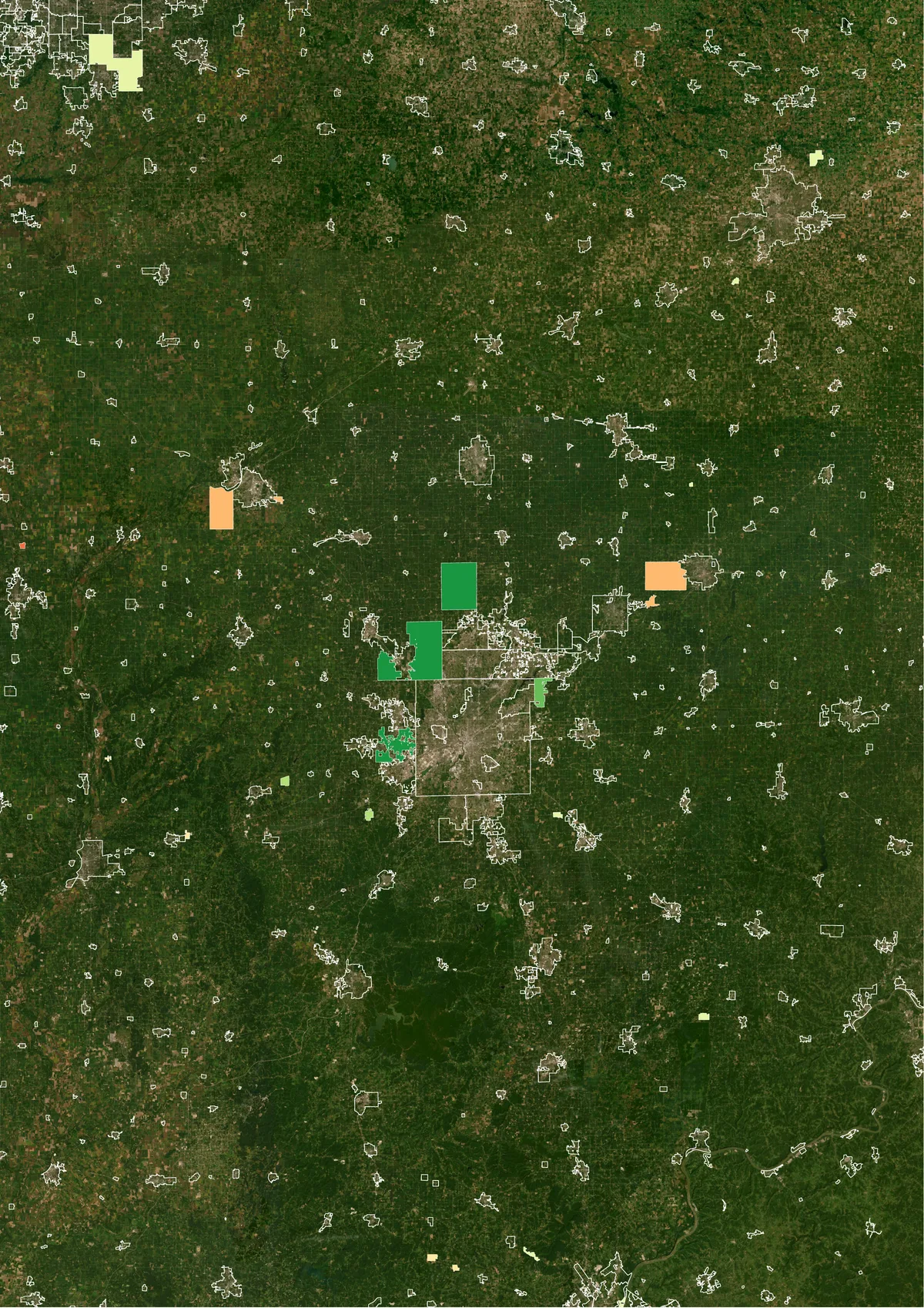 Indianapolis region, satellite and land cover maps of boundary changes