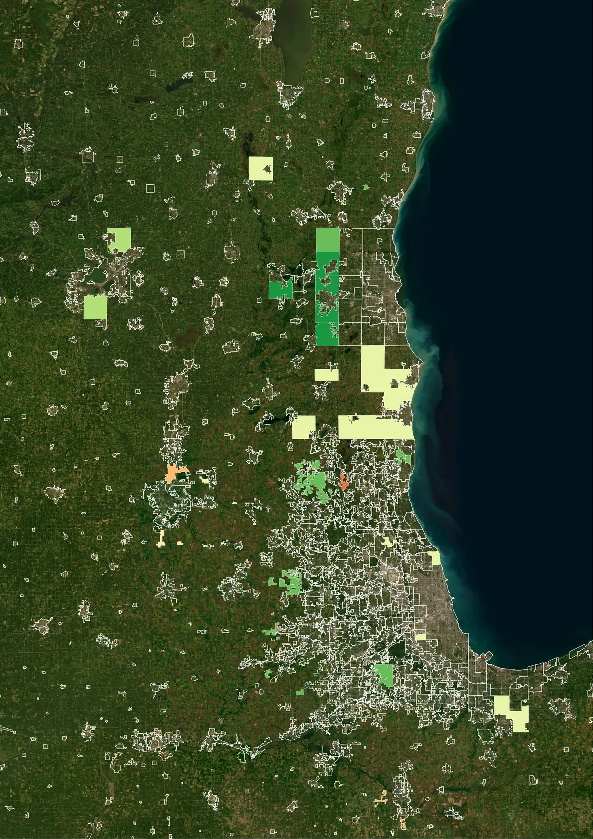Milwaukee to Chicago corridor, satellite and land cover maps of boundary changes