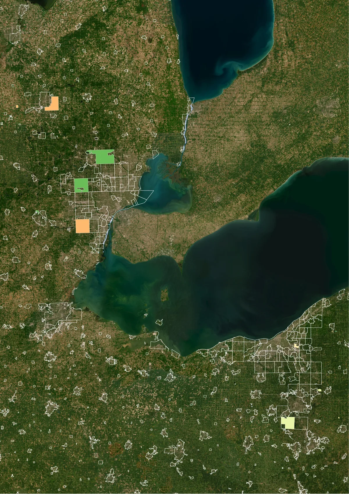Detroit and Cleveland regions, satellite and land cover maps of boundary changes